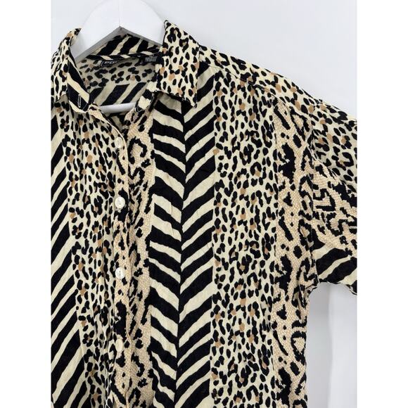 Vintage Point One Button Up Womens Large Beige Black Animal Print Short Sleeve - Picture 3 of 15